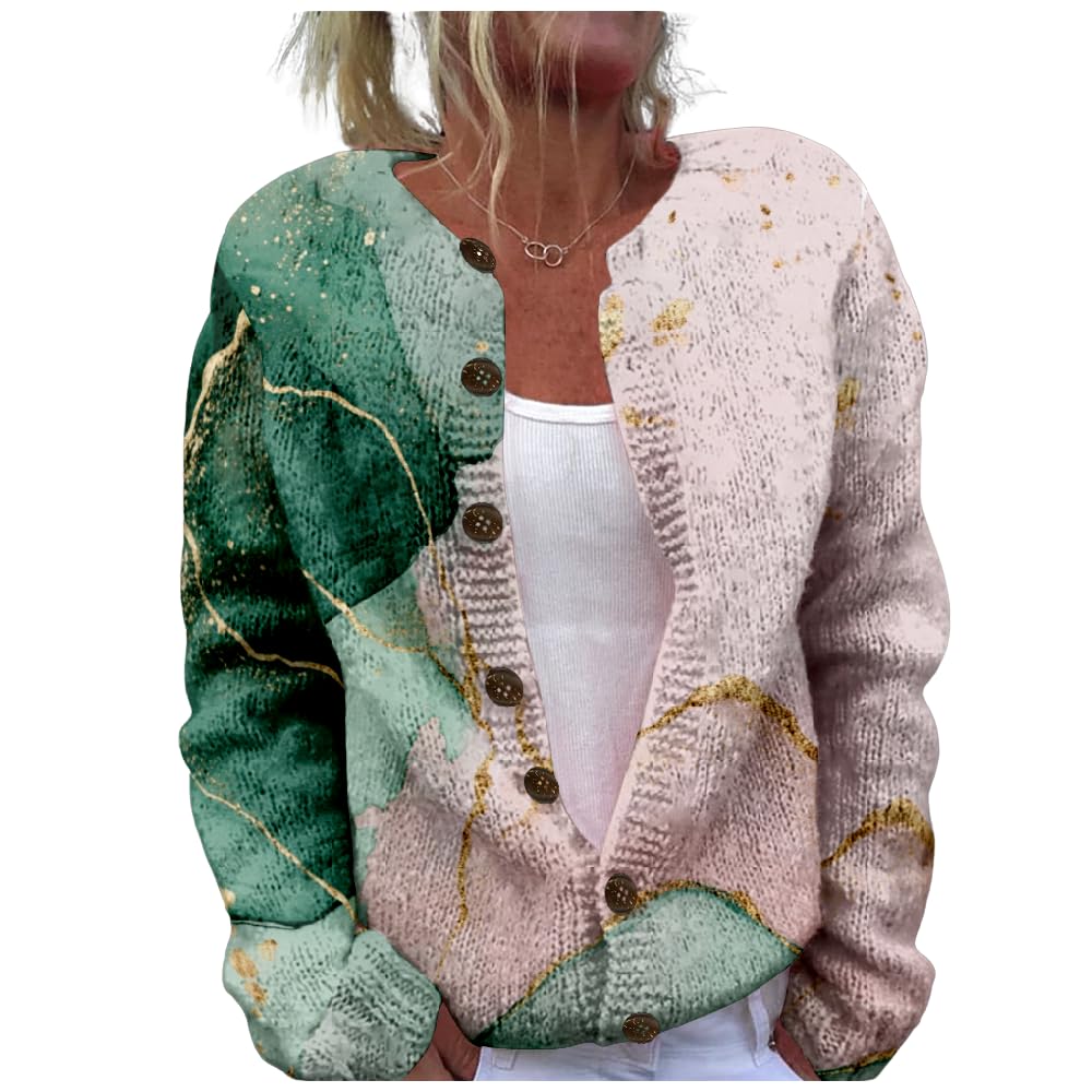 Floral Printed Button up Cardigans for Women Boho Crewneck Long Sleeve Knitted Sweater Loose Outdoor Fall Cardigan