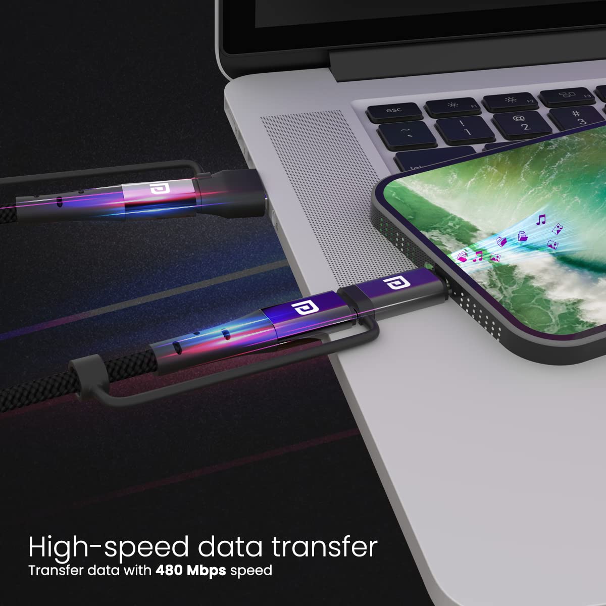 Portronics Konnect J8 3-in-1 (USB A + tipo C a 8 pin + tipo C) cavo di ricarica rapida con uscita massima 60 W, nylon intrecciato, per smartphone Android, dispositivi iOS e USB di tipo C, lunghezza