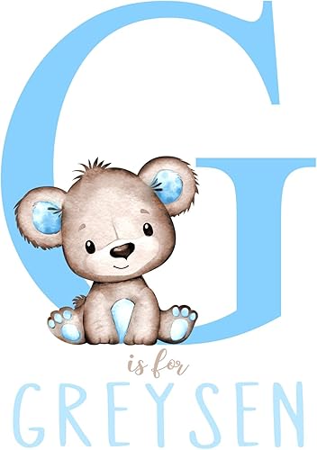 Miniatura 3 de Arte de pared personalizado con diseño de oso de acuarela azul para bebé niño, decoración de guardería, sin marco, monograma inicial de letra con