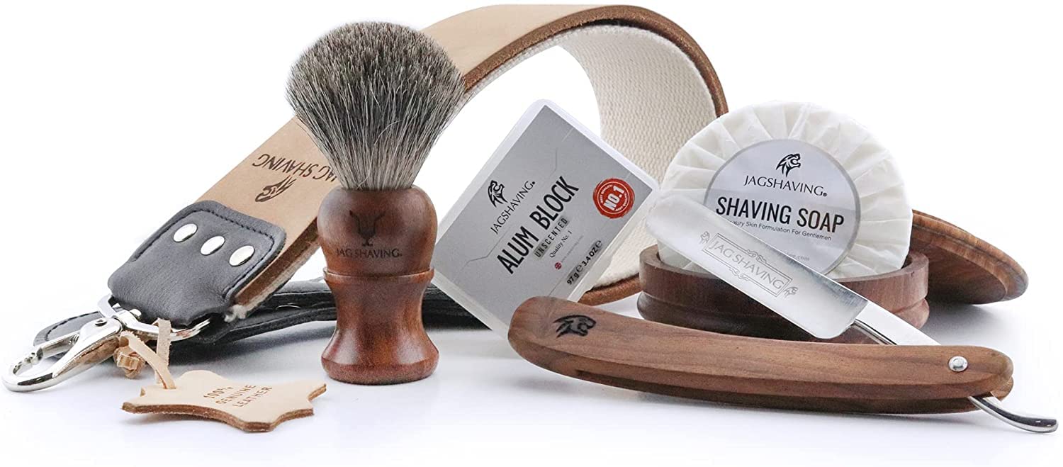 Jag Shaving Zestaw do golenia – 6-częściowy zestaw pędzli do golenia – zestaw noży do golenia – pędzel do golenia z włosia borsuka – golarka do cięcia – mydło do golenia – miska do golenia – pokrywka – pasek – pasek skórzany – zestaw do golenia