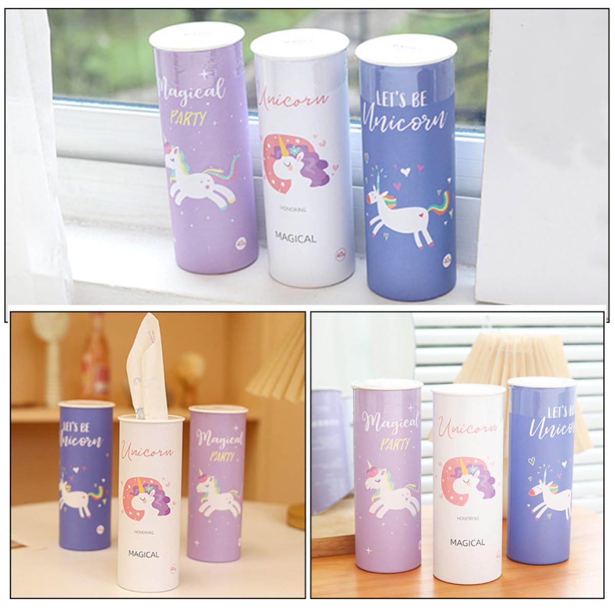 Garneck Taschentuchbox fürs Auto mit Niedlichen Einhorn Motiven 3 Stück Packung Runde Zylinderform aus Native Holzfaserpapier Praktisch für Unterwegs