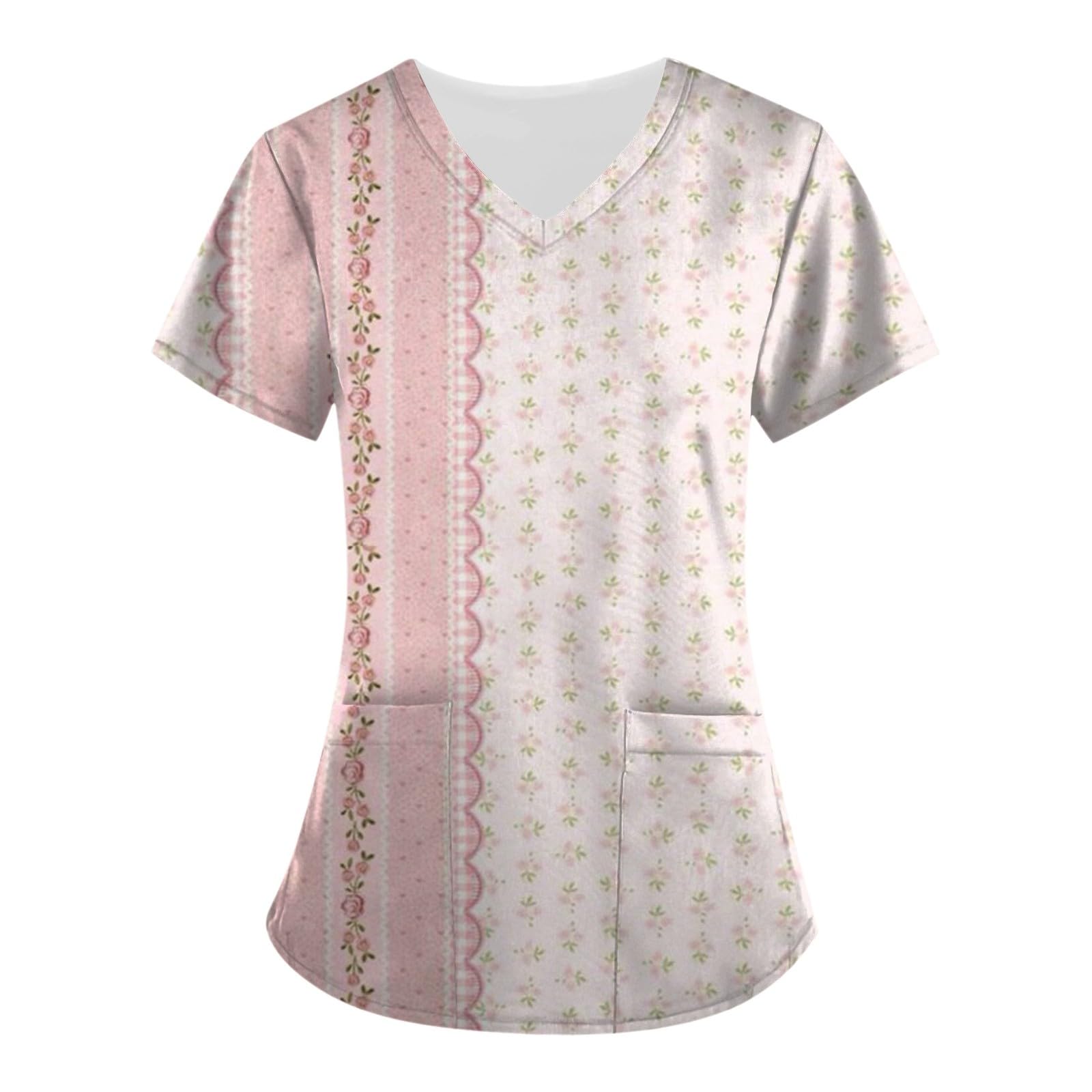 Scrubs for Women Short Sleeve Printing Scrubs Tops V Neck Working T-Shirts Soft Stretch Blouses with Pockets