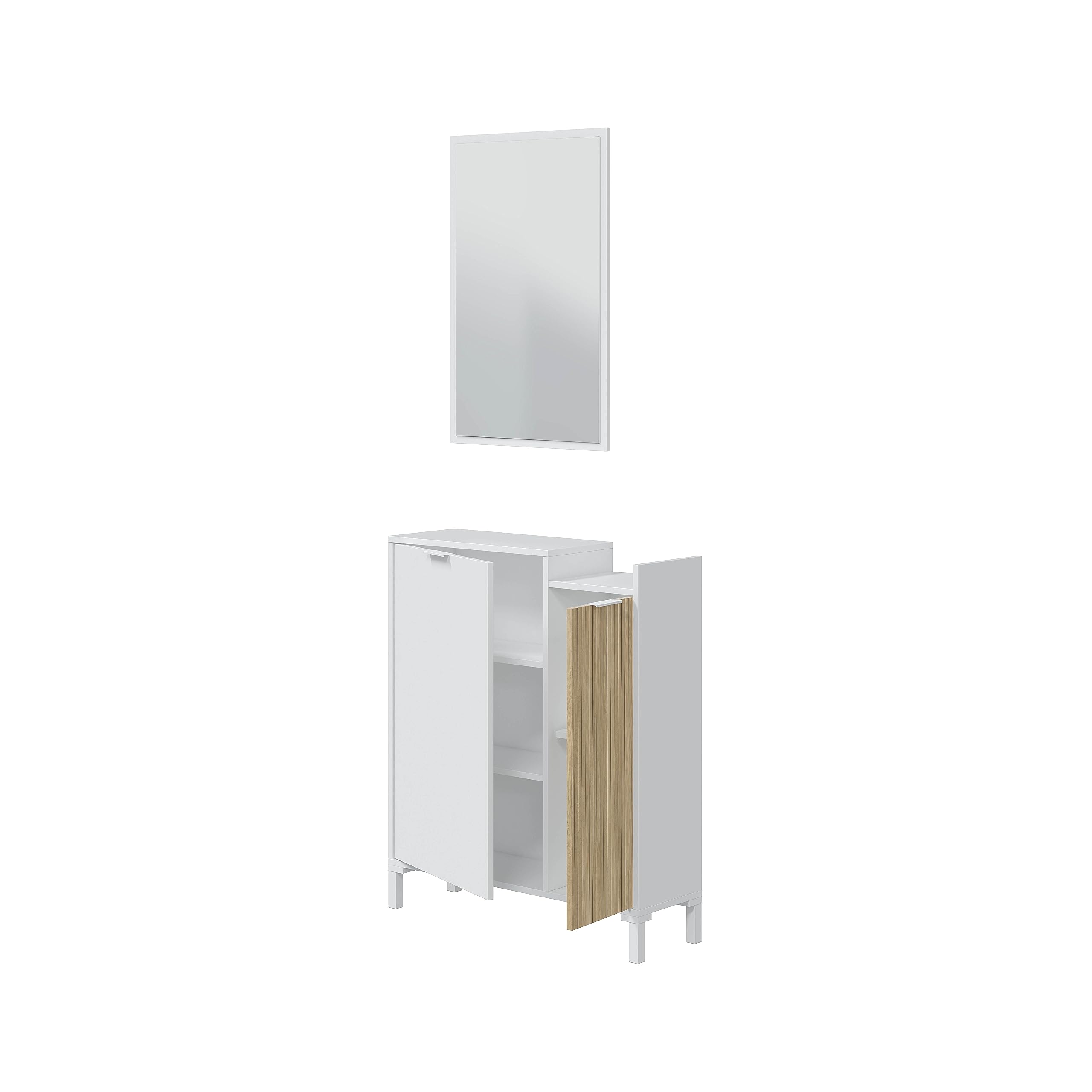 Mobelcenter, Mueble Recibidor Entrada con Espejo, Acabado Color Blanco y Natur, Recibidor Ethna. Medidas Cónsola: 77 cm Ancho x 91 cm Alto x 24 cm Fondo