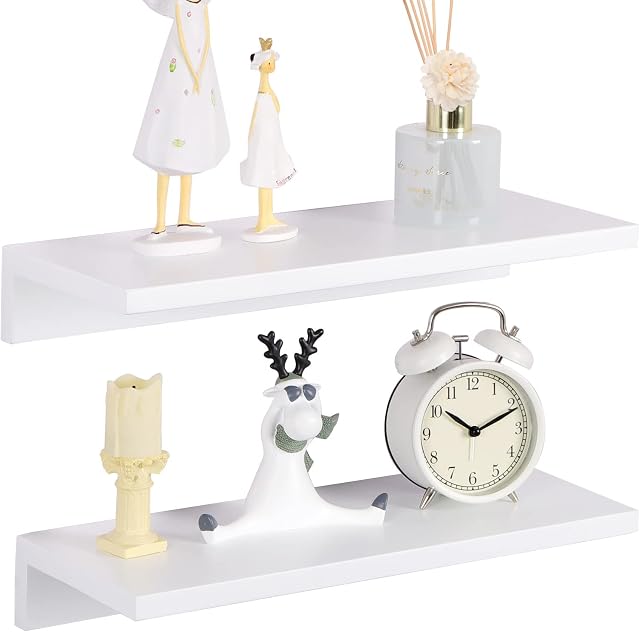 OROPY Floating Shelves Wall Mounted Set of 2, Pine Wood Wall Shelf Decorative Hanging Display Rack for Bedroom, Living Room, Kitchen, Bathroom - White