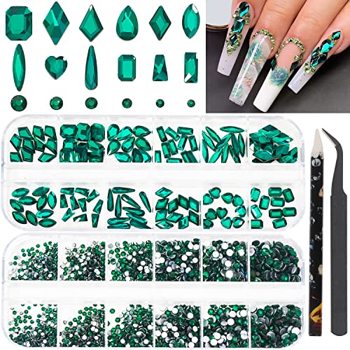 2920 Pieces Nail Art Rhinestones Set Round Flat Back Rhinestones Multi Shape Nail Gemstones Nail Crystals Diamonds Jewelry Rhinestones for Nail Design DIY Crafts Decoration(Dark Green)