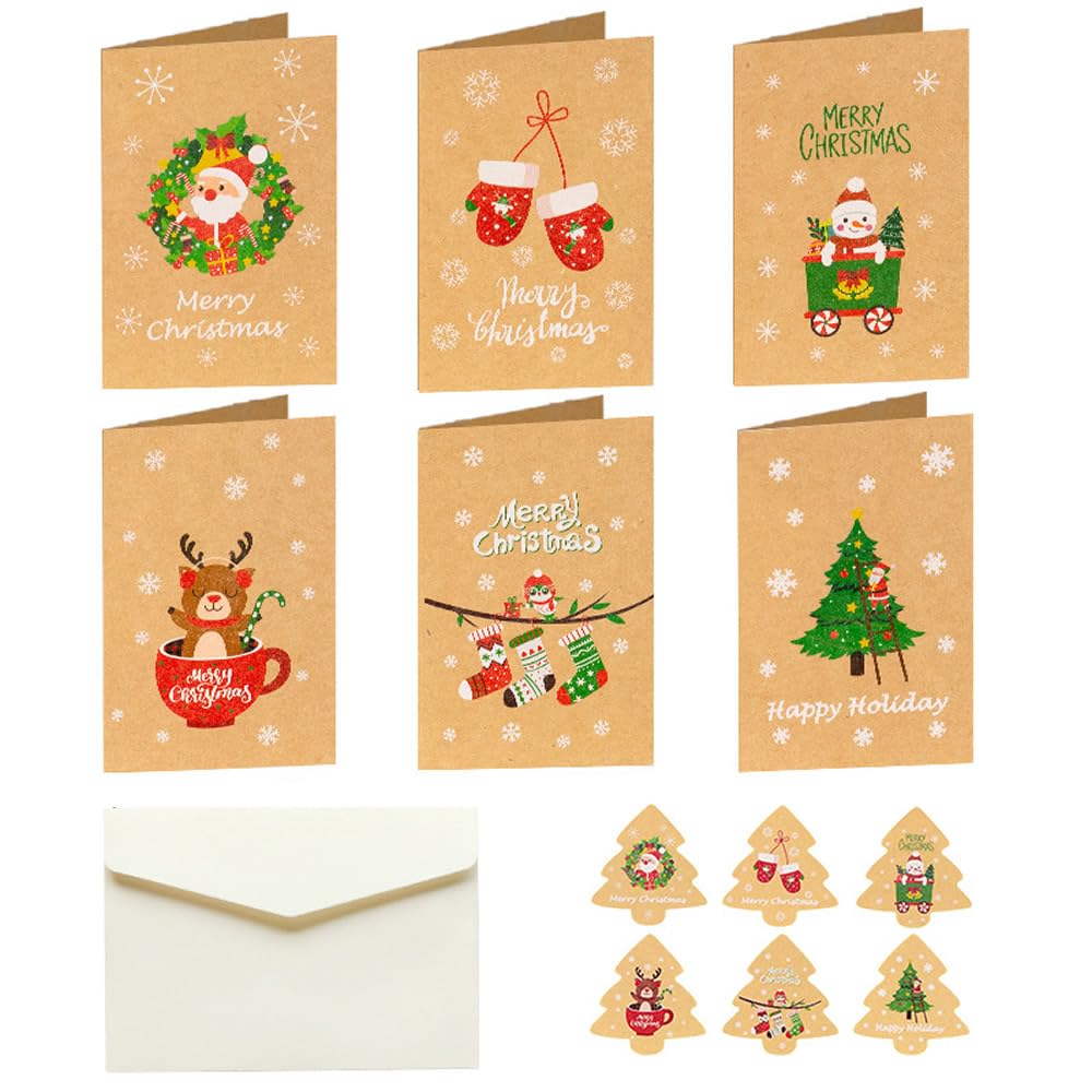 12 Pack Mini Size Merry Christmas Greeting Cards with Envelopes, 2.8 x 4.1 Inch, Cute Adorable Brown Color Christmas Xmas Gift Winter Holiday Style
