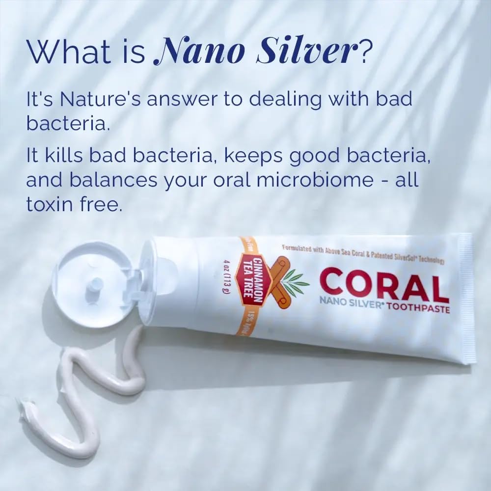 Coral Nano Silver Cinnamon Tea Tree Toothpaste, Natural Fluoride Free Teeth Whitening Toothpaste, Coral Calcium Nano Silver Infused SLS Free 4 Ounce