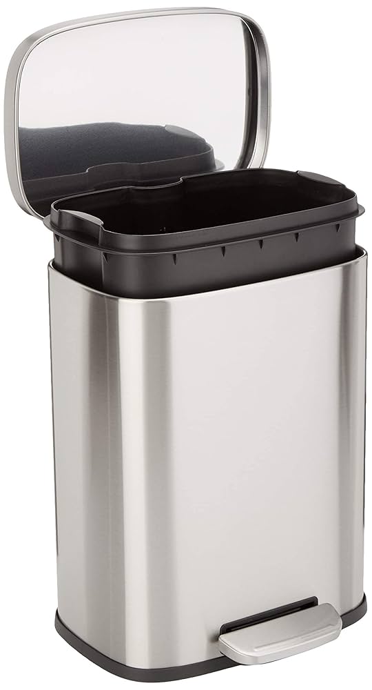 Amazon Basics Smudge Resistant Small Rectangular Trash Can With Soft-Close Foot Pedal, Brushed Stainless Steel, 12 Liter/3.1 Gallon, Satin Nickel Finish, 11.3"L x 9.9"W x 15.1"H