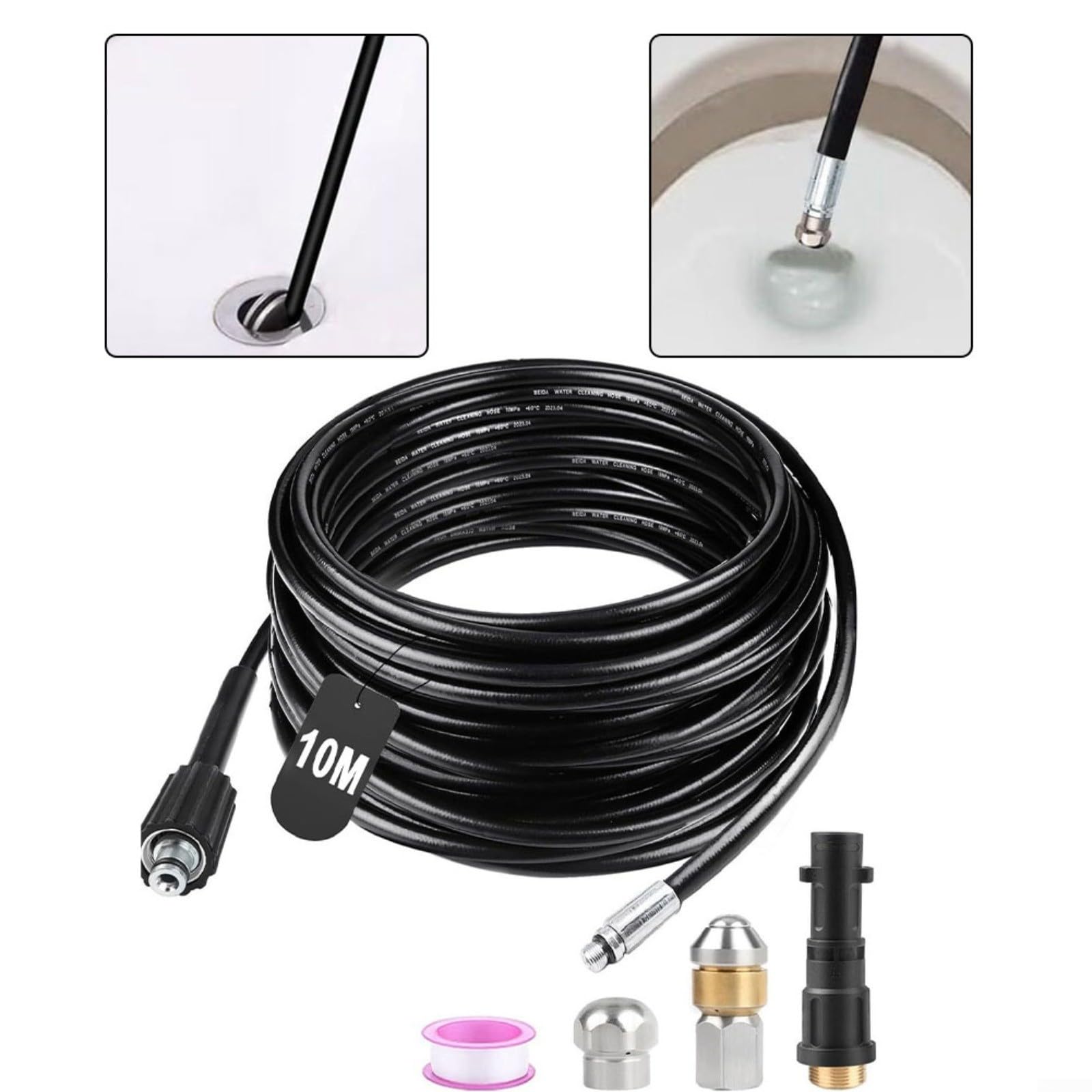 Kit de manguera de limpieza de tuberías de 10 m, incluye adaptador de boquilla giratoria y cinta de sellado para tareas de mantenimiento de drenaje de lavadora a presión de 180 bar