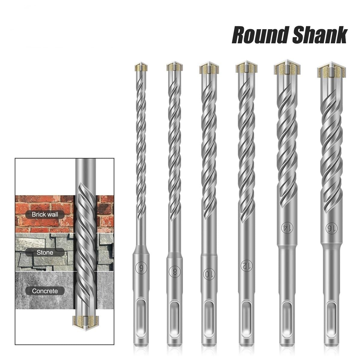 Zestaw wierteł SDS-Plus, Zestaw 6 wierteł do młotów obrotowych z węglika wolframu 6-16 mm x 160 mm do betonu i cegły(6pcs 160mm)