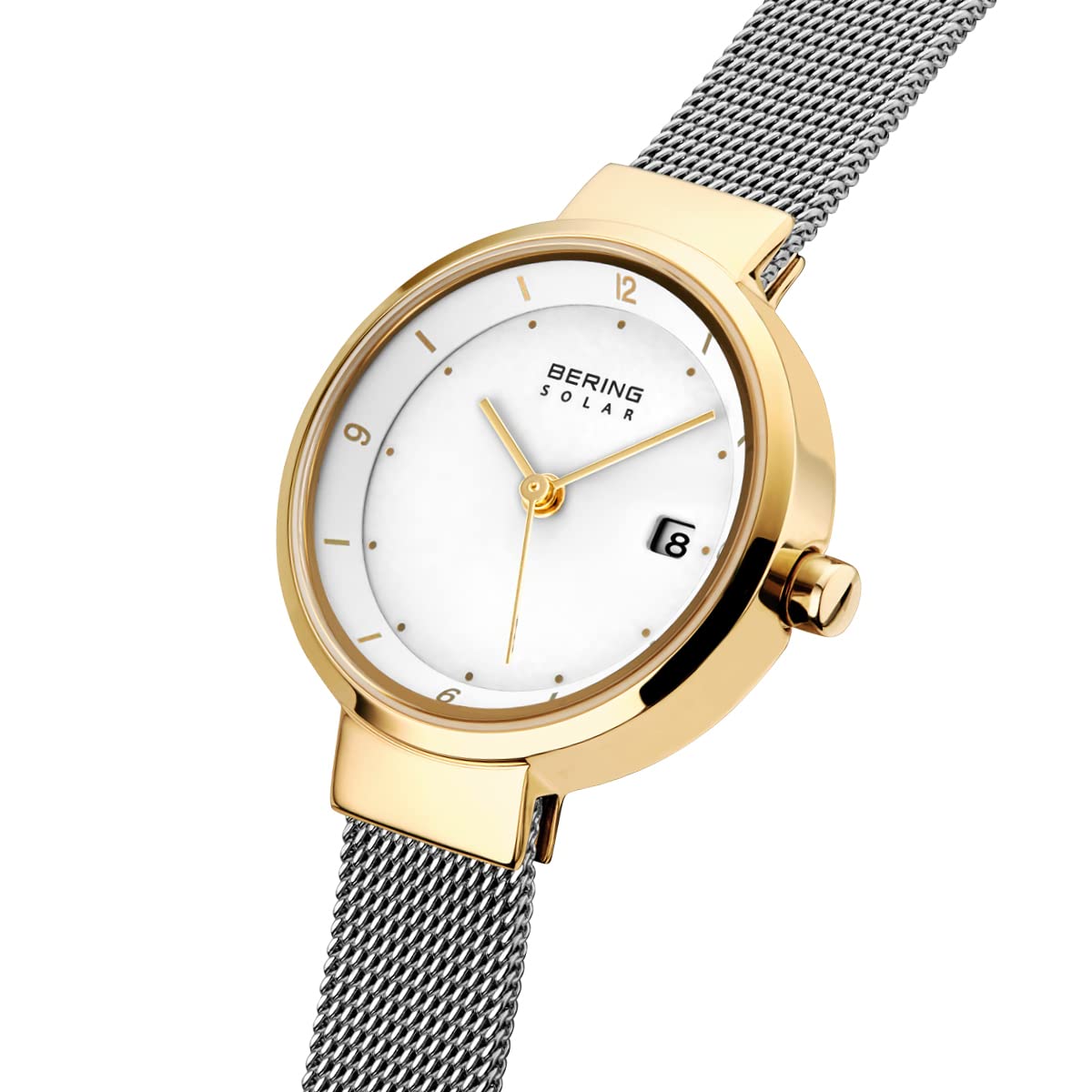 Bering Damen Solar Uhr | Armbanduhr 26 mm Edelstahlgehäuse und Zifferblatt | Milanaisearmband | Saphierglas | 5 ATM | 14426