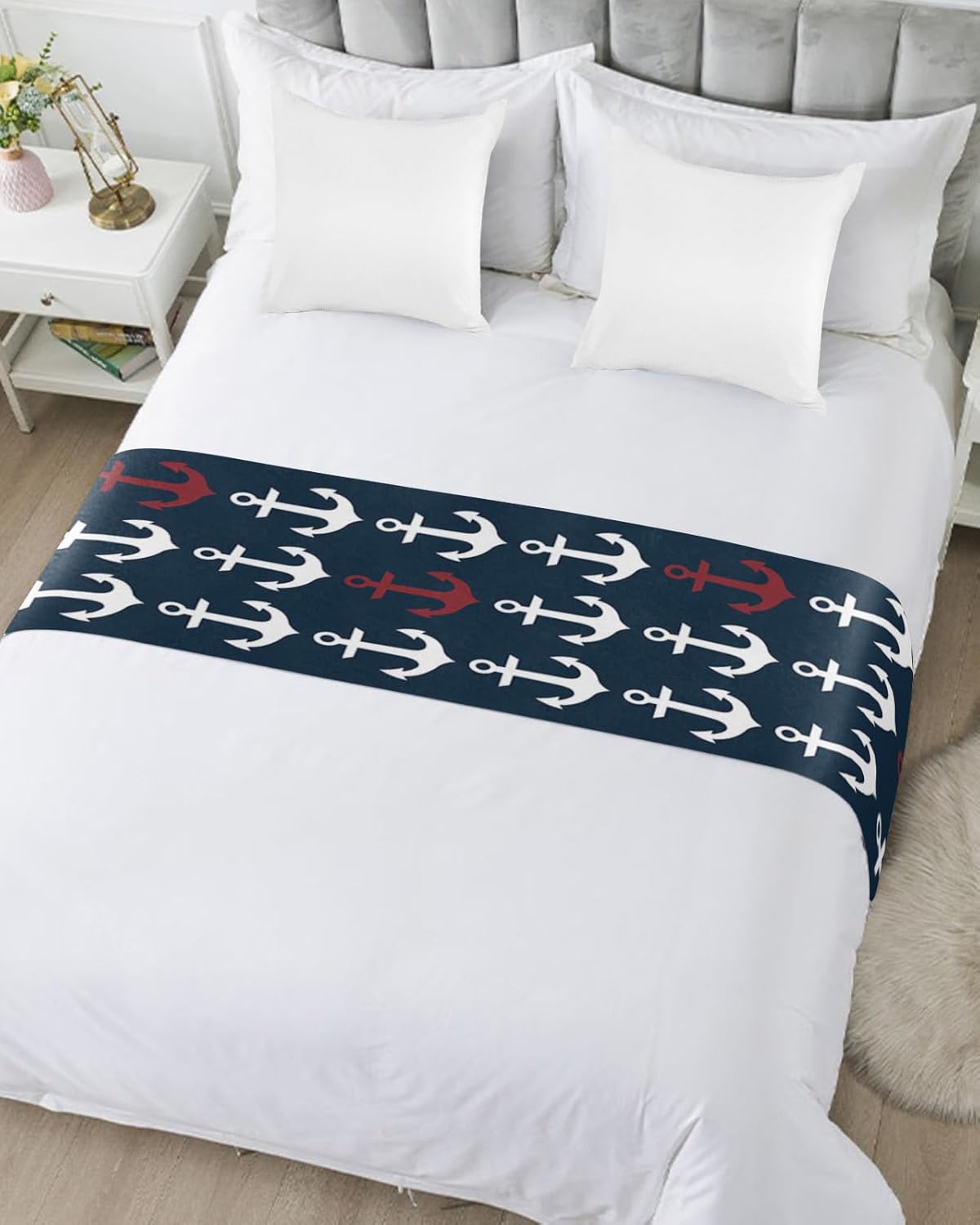 Smile Sunflower Bed Runner Scarf Nautical Ocean Anchor Dark Blue Bedding Scarf Decorative Bed Runners Cover for Home Bedroom Hotel Wedding Room Bed Scarf for Foot of Bed Full 83x20in