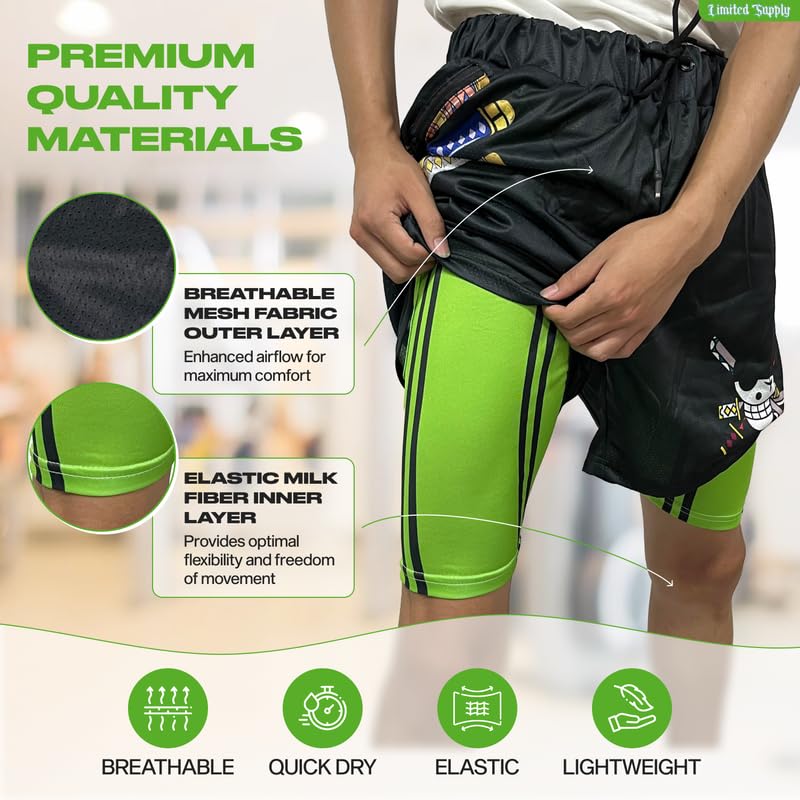 CROWN Anime Shorts - Breathable Mesh Stretch Compression Gym Short with Pockets and Towel Holder (XL-GreenZoro)4