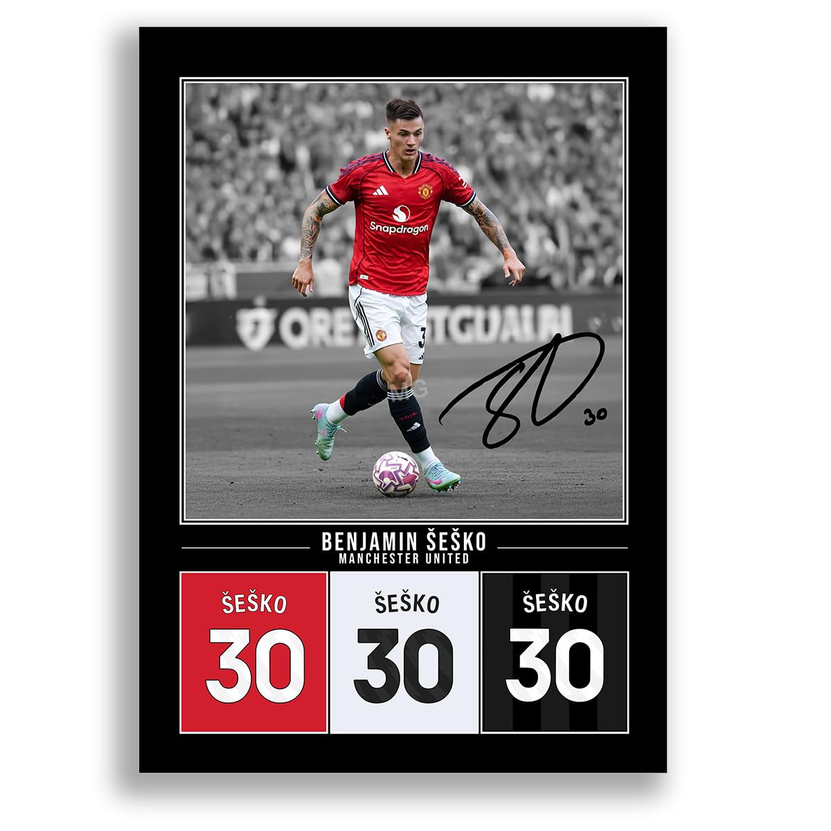Benjamin Sesko Manchester United Signed Photo Poster Print Picture Display Framed Autograph Memorabilia for Football Fans Gift Man Utd Šeško Slovenia (A3 Poster Only Black)