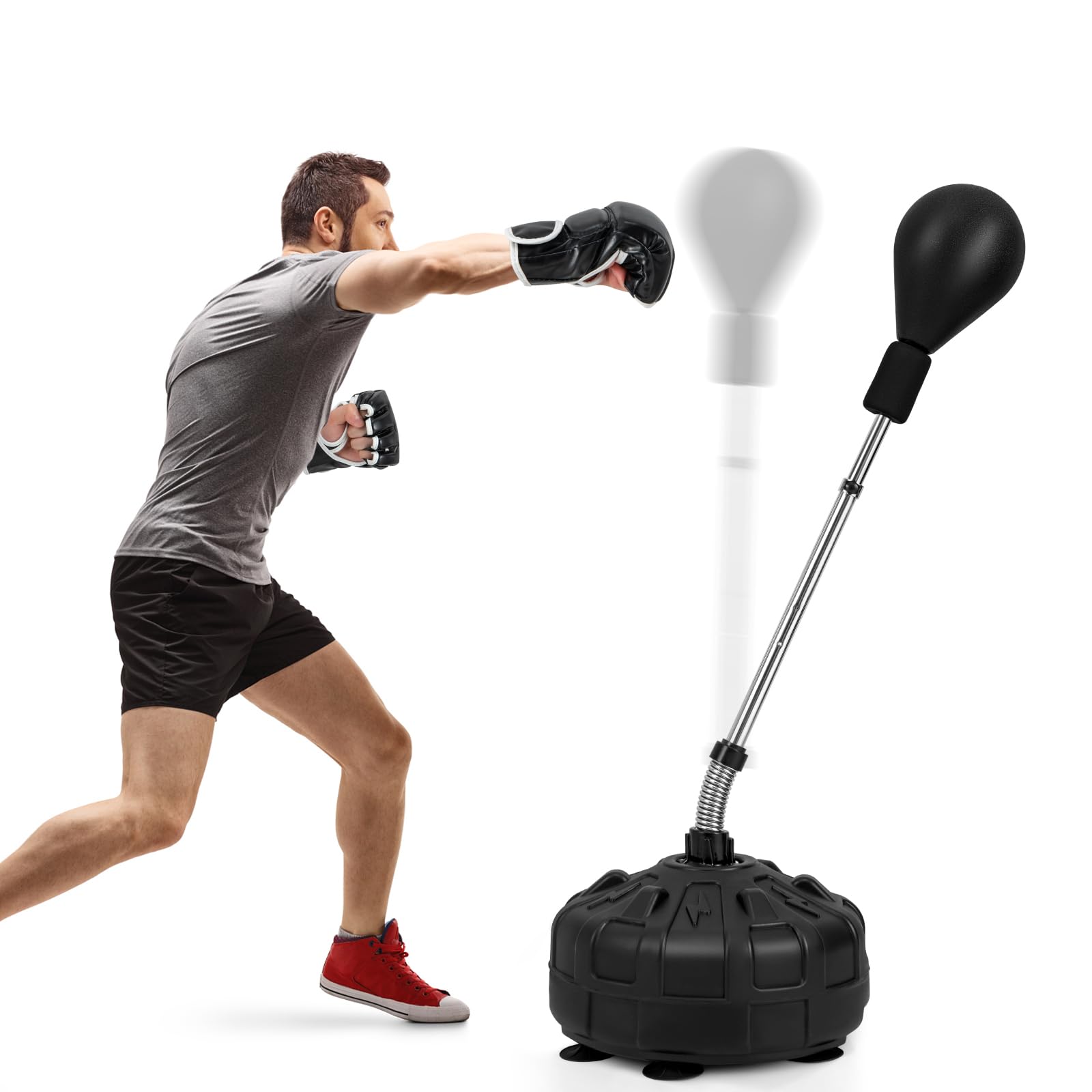 COSTWAY Punching Ball da Terra per Bambini e Adulti, Pungiball Veloce con Guantoni, Asta Flessibile, Base Riempibile e Regolabile in Altezza 137-156 cm, Sacco da Boxe per Casa e Palestra, Nero