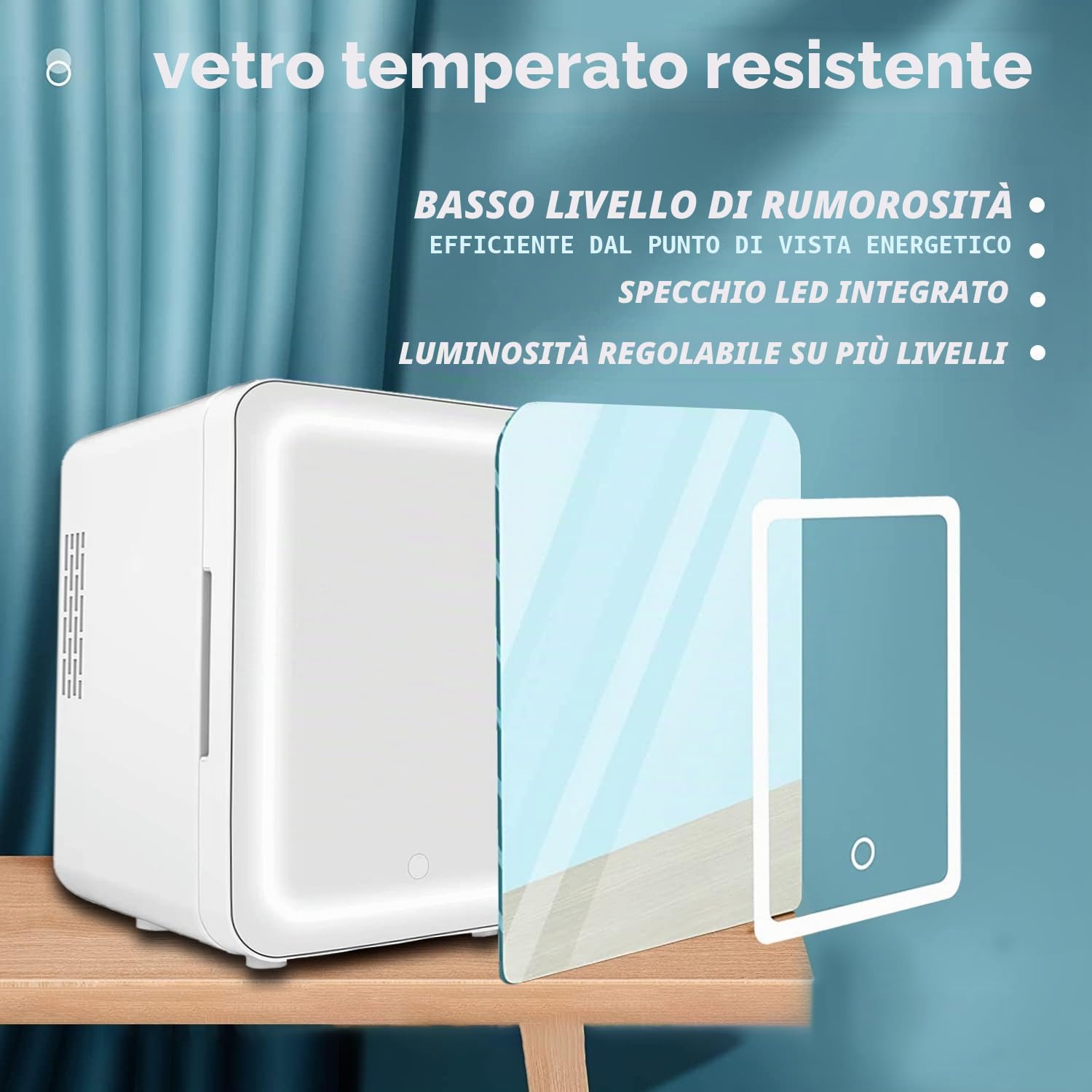 VNIMTI Mini Frigo da Camera 4L, Piccolo Frigorifero Portatile con Specchio LED, Raffreddamento e Riscaldamento, 12V/ 220V, Mini Frigorifero Skincare per Auto, Camera da Letto, Ufficio (Bianco-4L)