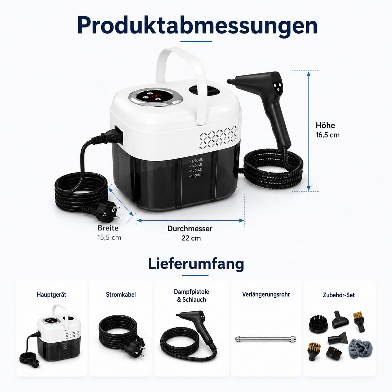 1500W Dampfreiniger Handgerät mit 1,8 L Wassertank, 6-Stufen