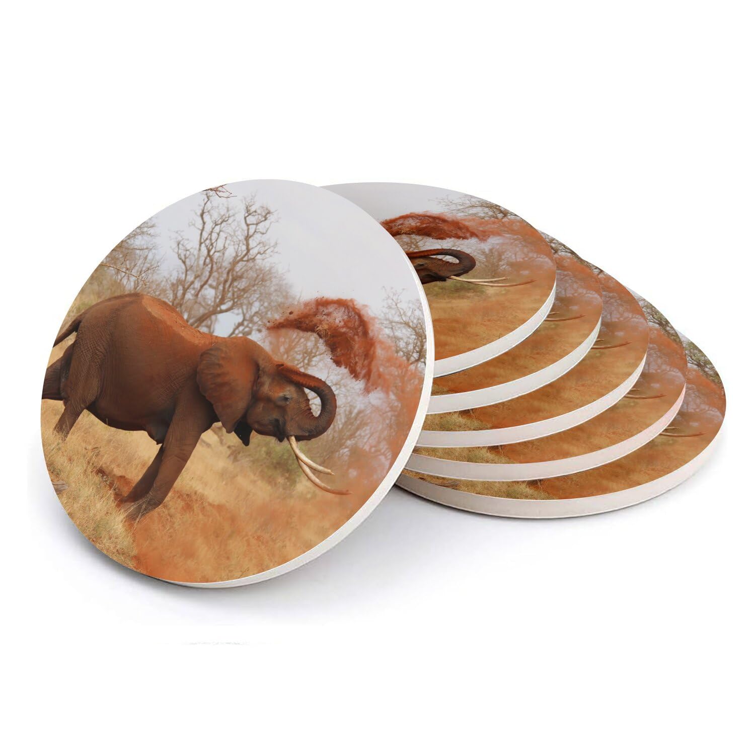 Sous-verre ronds en céramique Éléphant savane lot de 6 protection table dessous de verre design