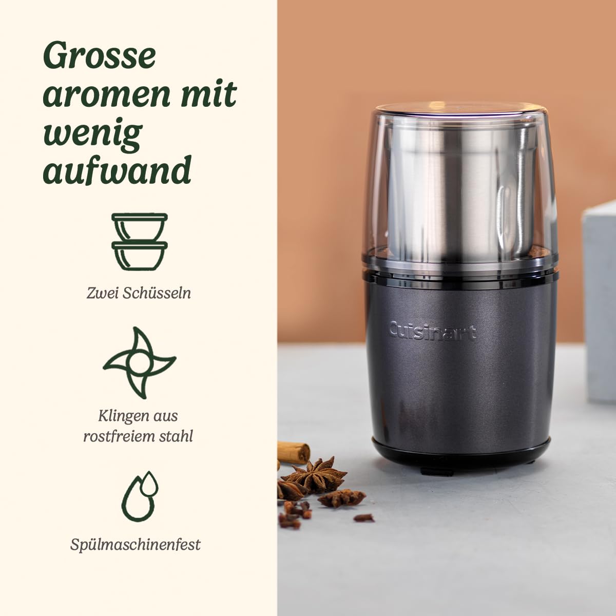 Cuisinart Elektrische Gewürzmühle | Kaffeemühle, Nussmühle, Samenmühle für die Küche, nass & trocken | Elektrisch | Zwei Edelstahlschalen mit Aufbewahrungsdeckeln | Spülmaschinenfest | Blau