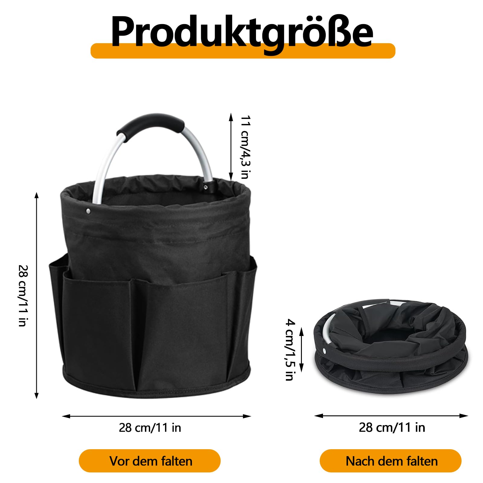 Organizer na środki czyszczące, uniwersalny Caddy, 28 x 28 cm, składany kosz do przechowywania, z uchwytem i 6 przegródkami, torba do czyszczenia wnętrz, ogrodu, łazienki, czarny