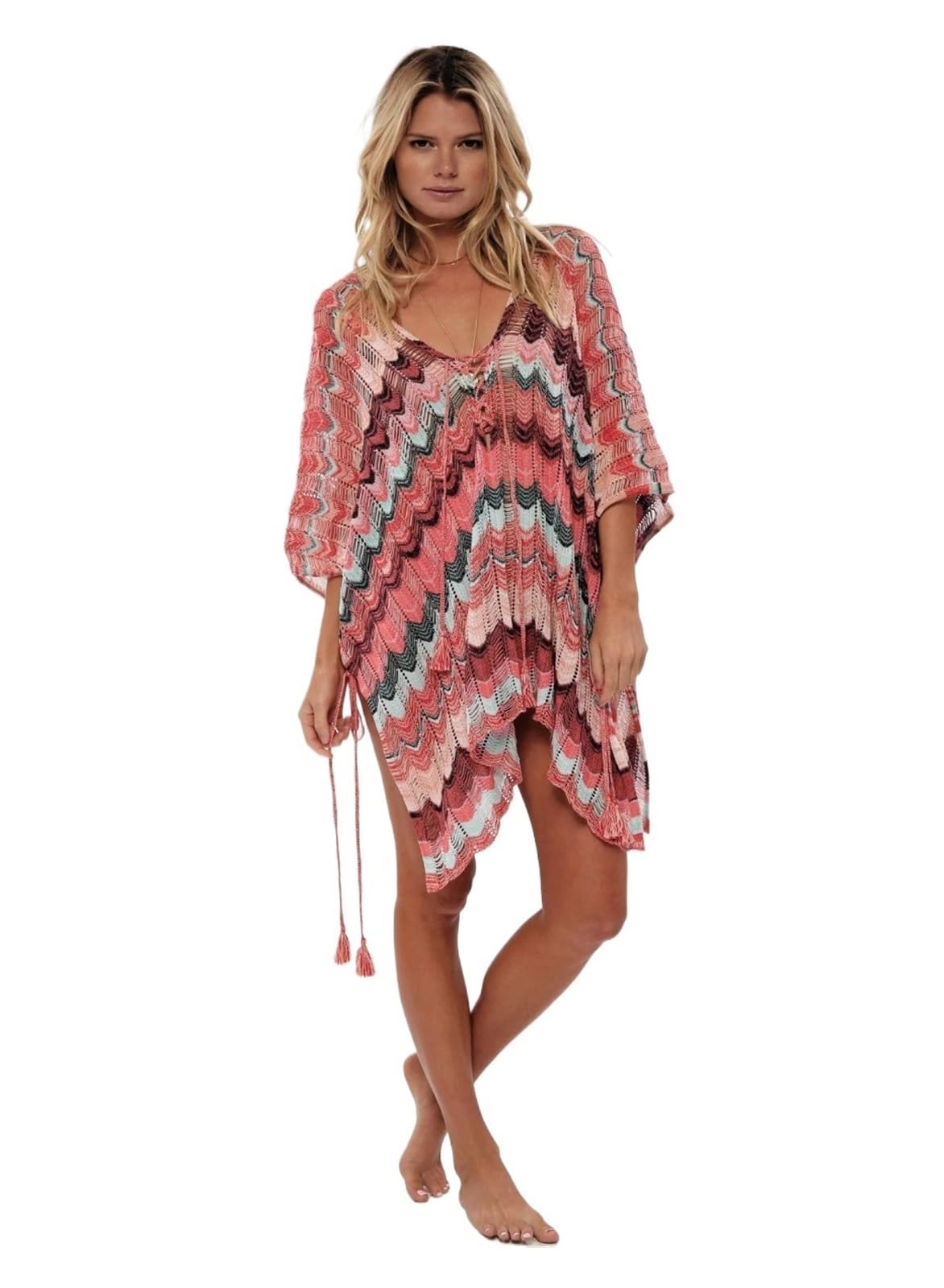 Copricostume Donna Mini Abito Tunica in Cotone all'Uncinetto da Donna, Copricostume, Bikini, Collo, Allacciatura, Estivo, Vestido, Spiaggia(Pink)