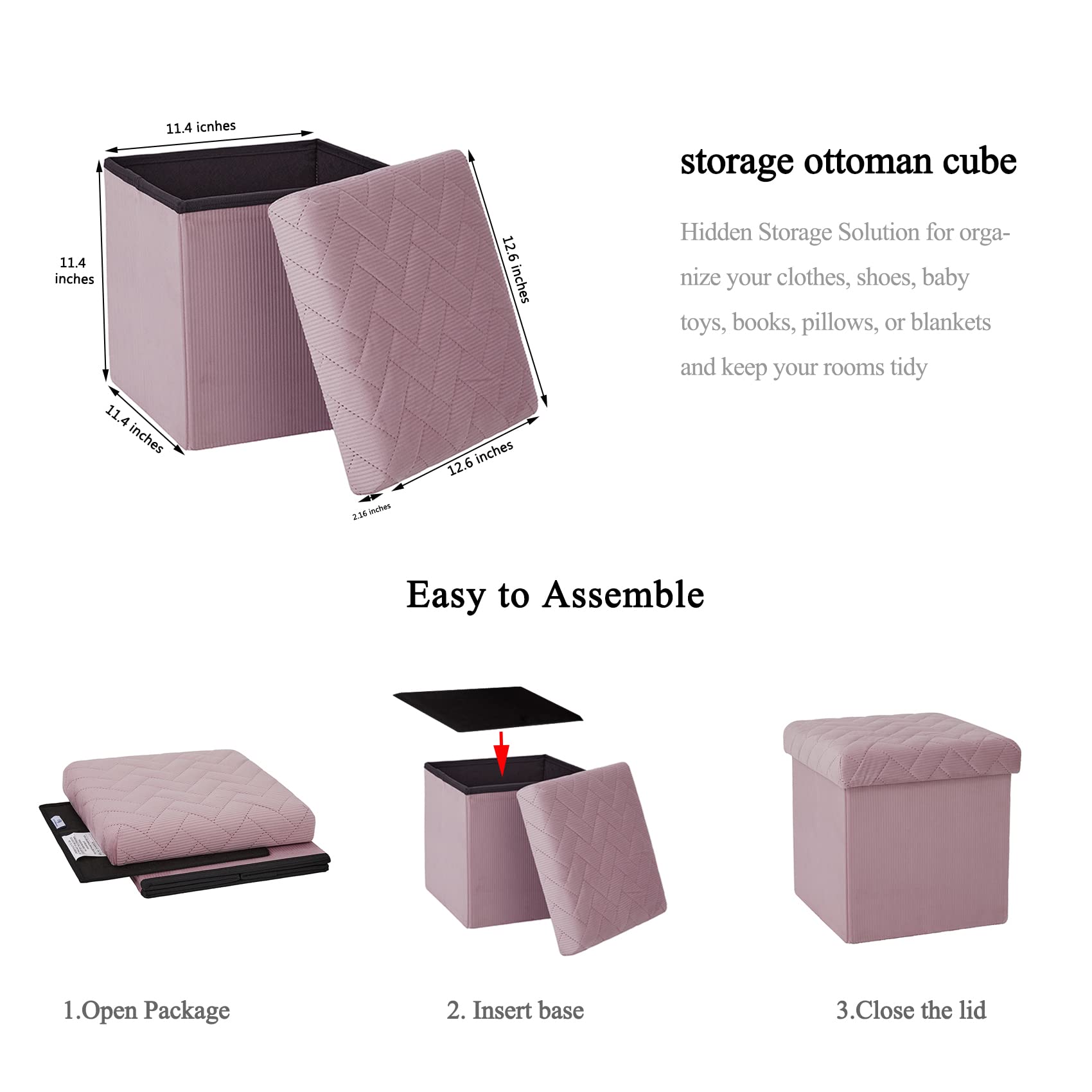 B FSOBEIIALEO Storage Ottoman Cube, Ottoman with Storage Folding Ottomans Cube Seat Toy Chest Box Storage Chest Small Ottoman Velvet Footstool 12.6"x12.6"x12.6" Pink