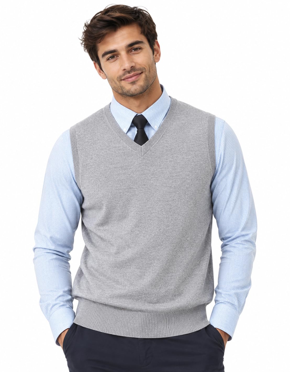 Men's Black Sleeveless Sweater Vest V-Neck Knit Pullover for Office, Casual & Formal Wear-picture-41