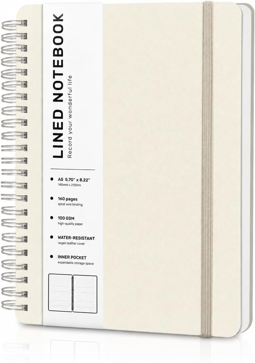 Lined Spiral Notebook for Women, A5 College Ruled Leather Spiral Journals