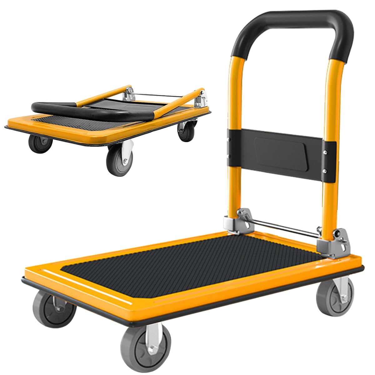 Chariot de Transport 300 Kg Chariot Pliable avec Roues Pivotantes à 360° Chariot de Manutention Poignée Rabattable Plateforme 77x50cm à Texture Grainée Antidérapante