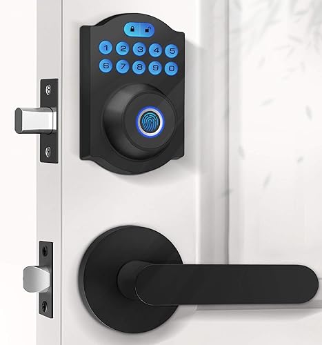 eLinkSmart Cerradura de puerta de entrada sin llave con juego de asa, cerradura de puerta de huellas dactilares con palanca de perilla de puerta,