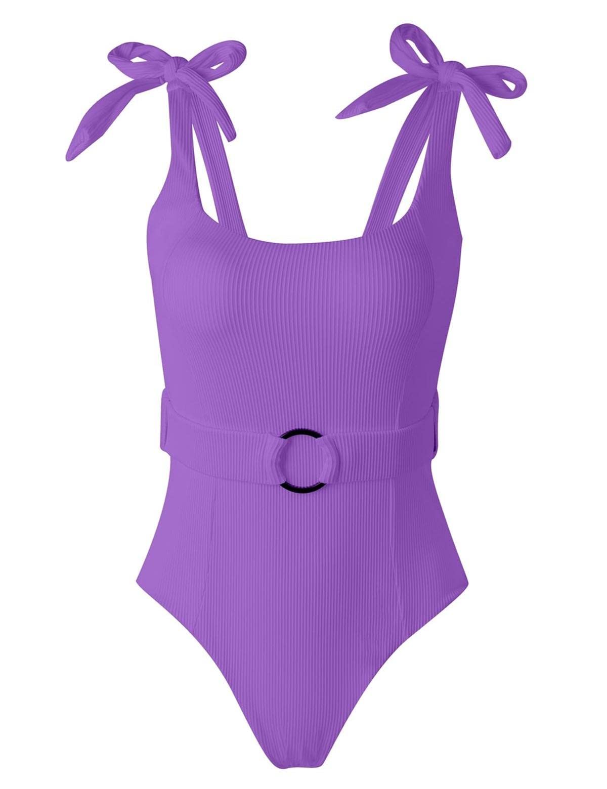 TSMEZA Women's One Piece Swimsuits Belt Tummy Control Bathing Suits Tie Shoulder Swimwear