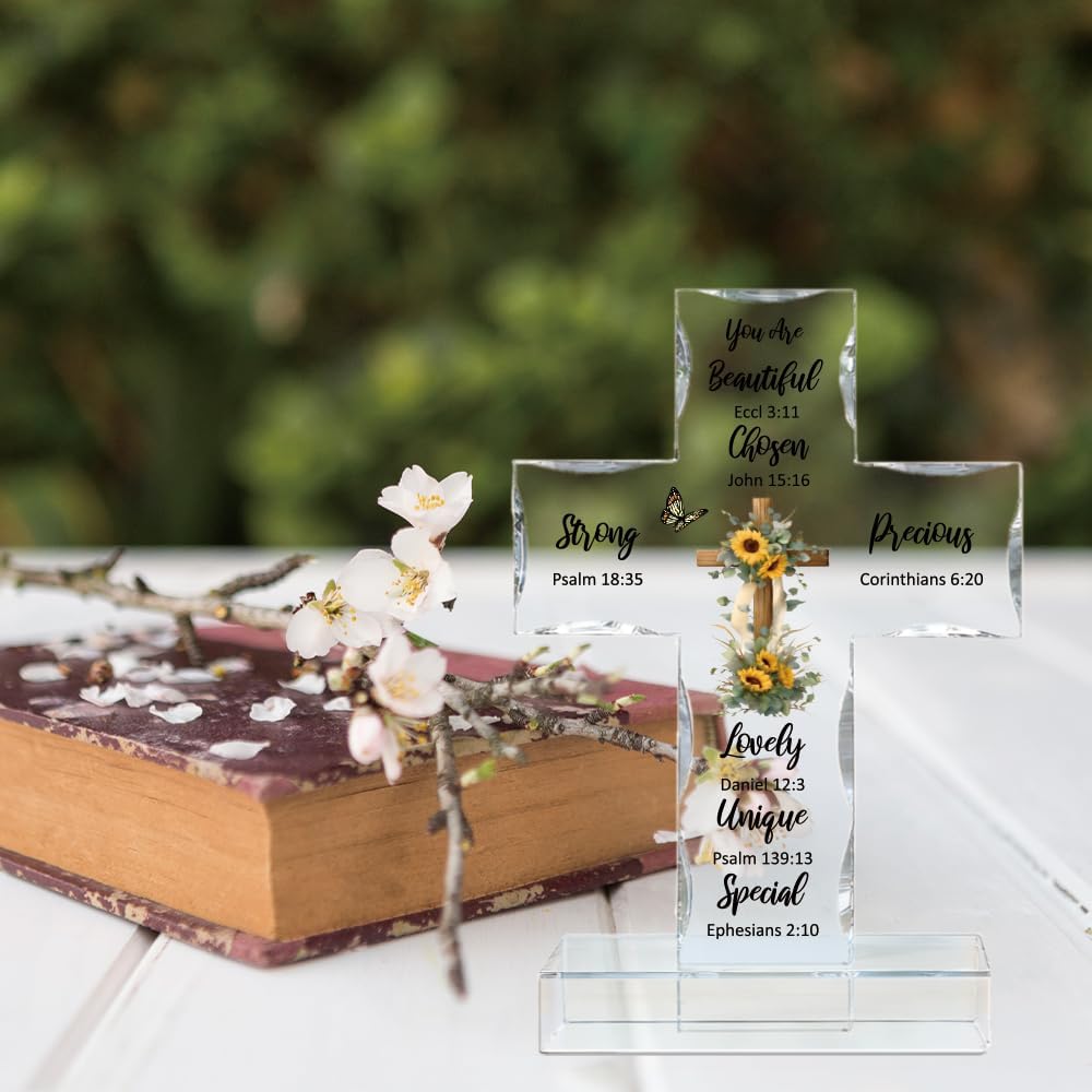 WEBEEDY Bible Verse Sunflower Cross Decor Acrylic Standing Cross with Base, Baptism Memorial Gifts for Women Men Biblical Verse Crucifix Ornament for Home Office Desk Decor