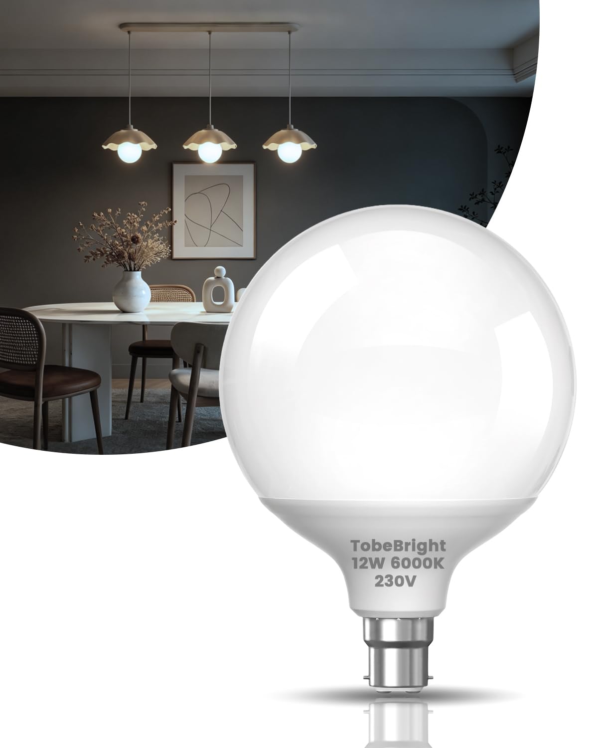TobeBright B22 Large Bayonet LED Light Bulb Cool White 6000K, G95 Globe Bulbs, 12W Equivalent 80W, 430LM, Non Dimmable, Milky Round Bayonet Edison Light Bulb for Home Lighting, 1-Pack