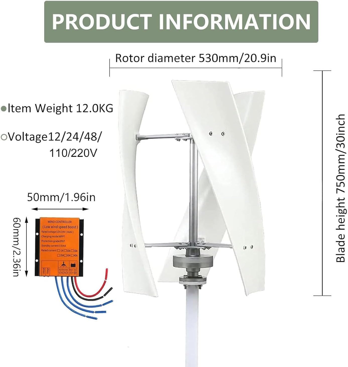 TYH Kit Generatore Eolico, Generatore Eolico Portatile a Turbina Verticale, Generatore di Energia Eolica per Esterni, con Regolatore MPPT, Kit di Energia per La Casa da 2000 W, 12 V, 24 V E 48 V
