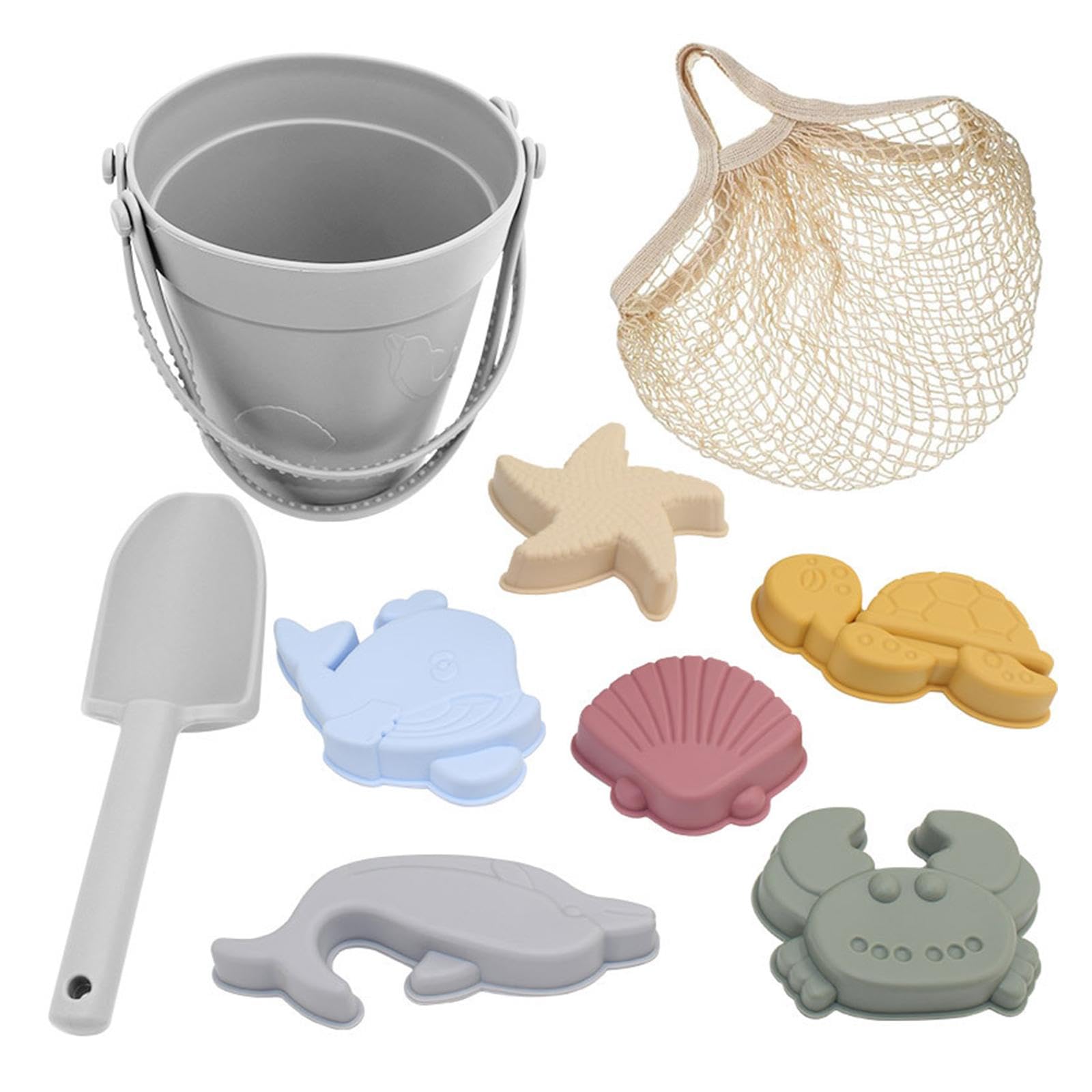 Kit de Juguetes de Playa para Niños con Cubo de Arena de Silicona, Pala, de Animales Y Bolsa de Malla. Ligero Y Ideal para a, Gris, tal como se describe