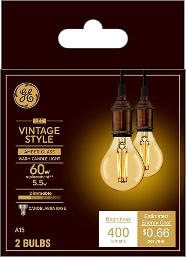 GE Lighting - Bombillas LED de estilo vintage, 60 W Eqv, vidrio ámbar, luz cálida de vela, bombilla estándar A15, base pequeña (paquete de 2)