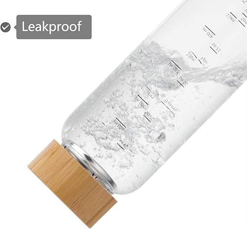 Miniatura 5 de sunkey Botella de agua de vidrio de 32 onzas de boca ancha con funda de bambú, botella de agua motivacional con marcador de tiempo, reutilizable,