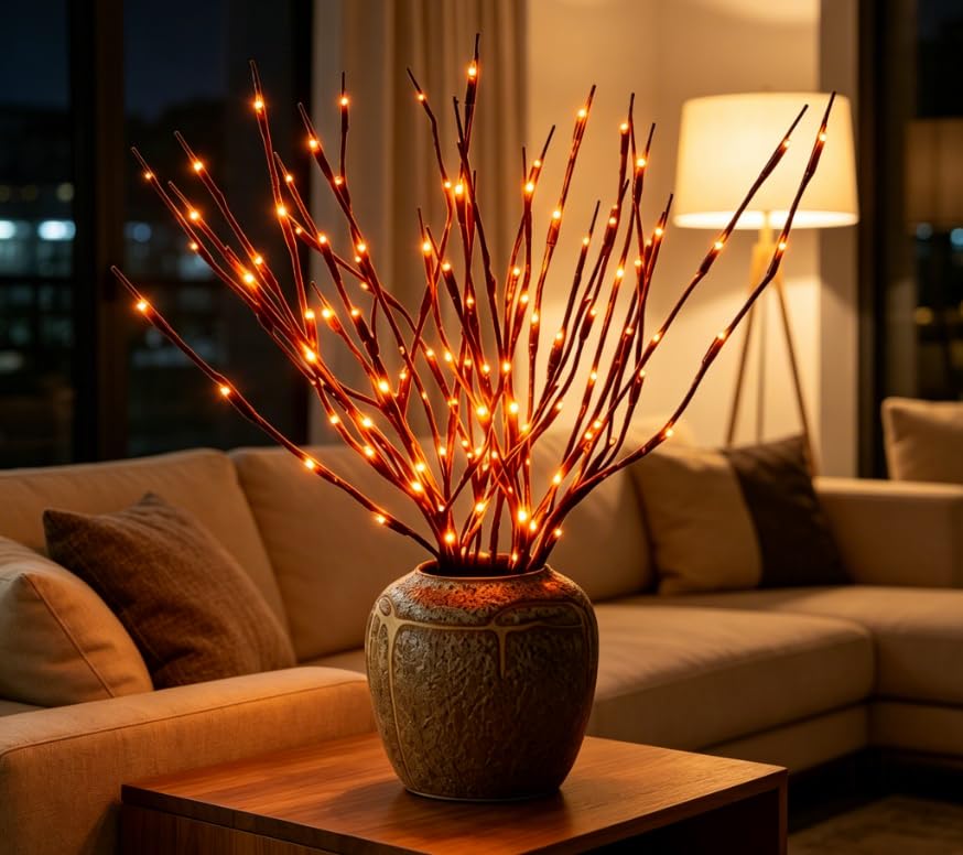 Image of DK177 4Pack Led Branch Light Battery Operated Lighted Branch Vase Filler Willow Tree Artificial Little Twig Power Brown 30 Inch 20 LED for Home Romantic Decoration, 4Pack Orenge-Light