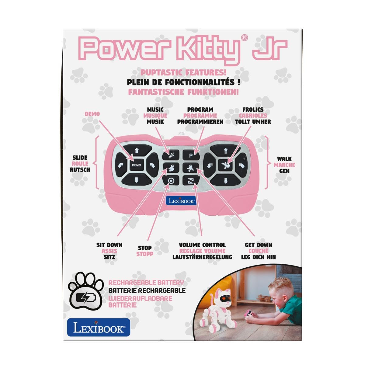 Lexibook, Power Kitty Jr., Gatto telecomandato da addestrare, Si dimena Come Un Vero Gatto, Occhi interattivi, STEM programmabile, Batteria Ricaricabile, Rosa/Bianco, KIT01LXB