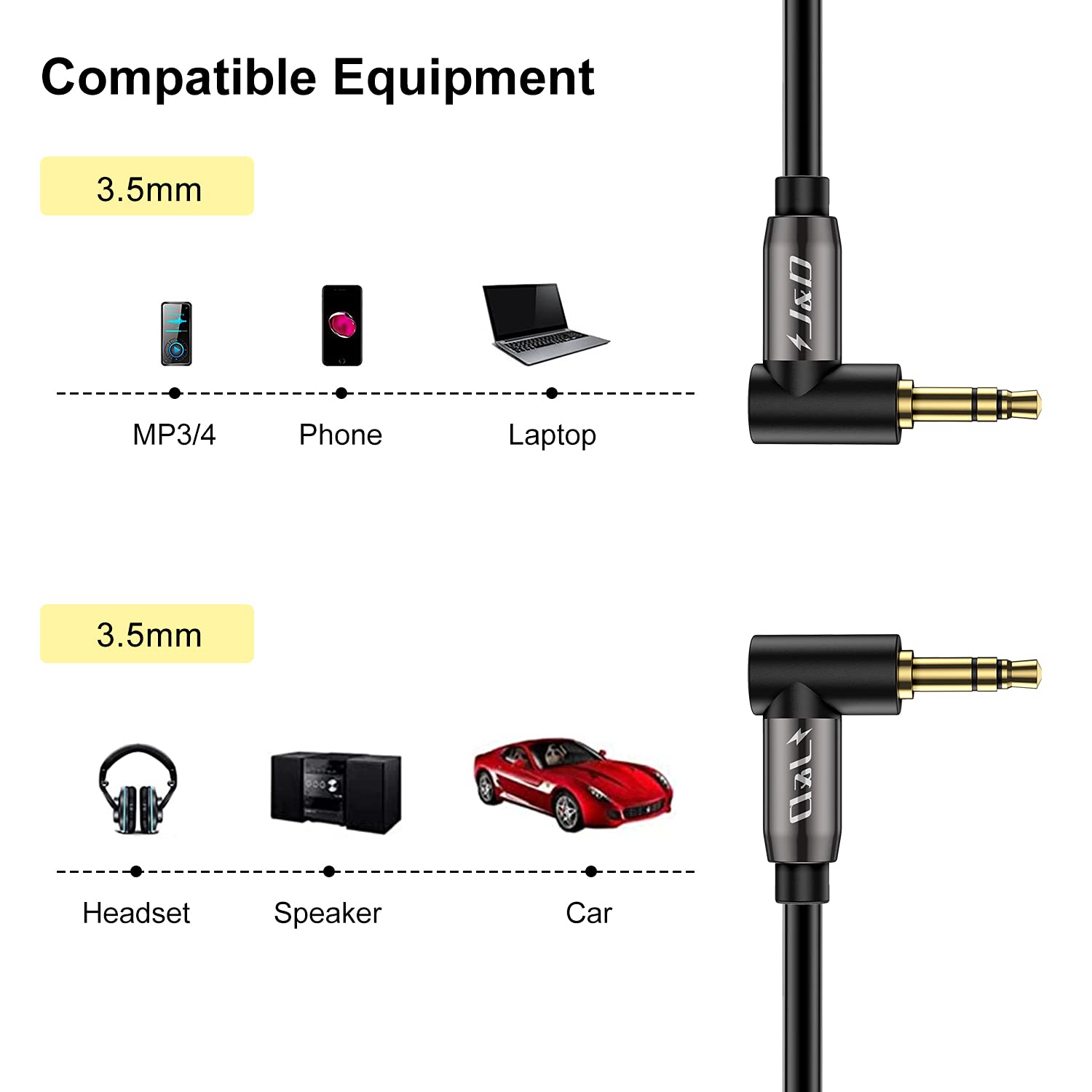 J&D Gold-Plated 3.5mm Stereo Audio Aux Cable 90 Degree Right Angle Compatible for iPhone and Most Phone Devices Speakers and All Other devices - Image 4