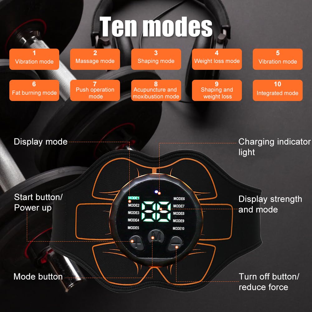Bauchmuskeltrainer EMS Trainingsgerat, Bauchtrainer Elektrische Muskelstimulation USB Muskelstimulator, 10 Modi und 30 Intensitäten, Elektrostimulator-Gürtel für Männer Frauen Bauch Arme Beine
