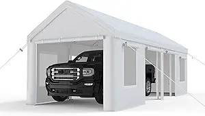 13x25ft Carport, Heavy Duty Carport with Reinforced Steel Poles, Upgraded Portable Garage with Doors & Window, UV Resistant All-Season Waterproof Tarp, for Car, Truck, Boat(White)