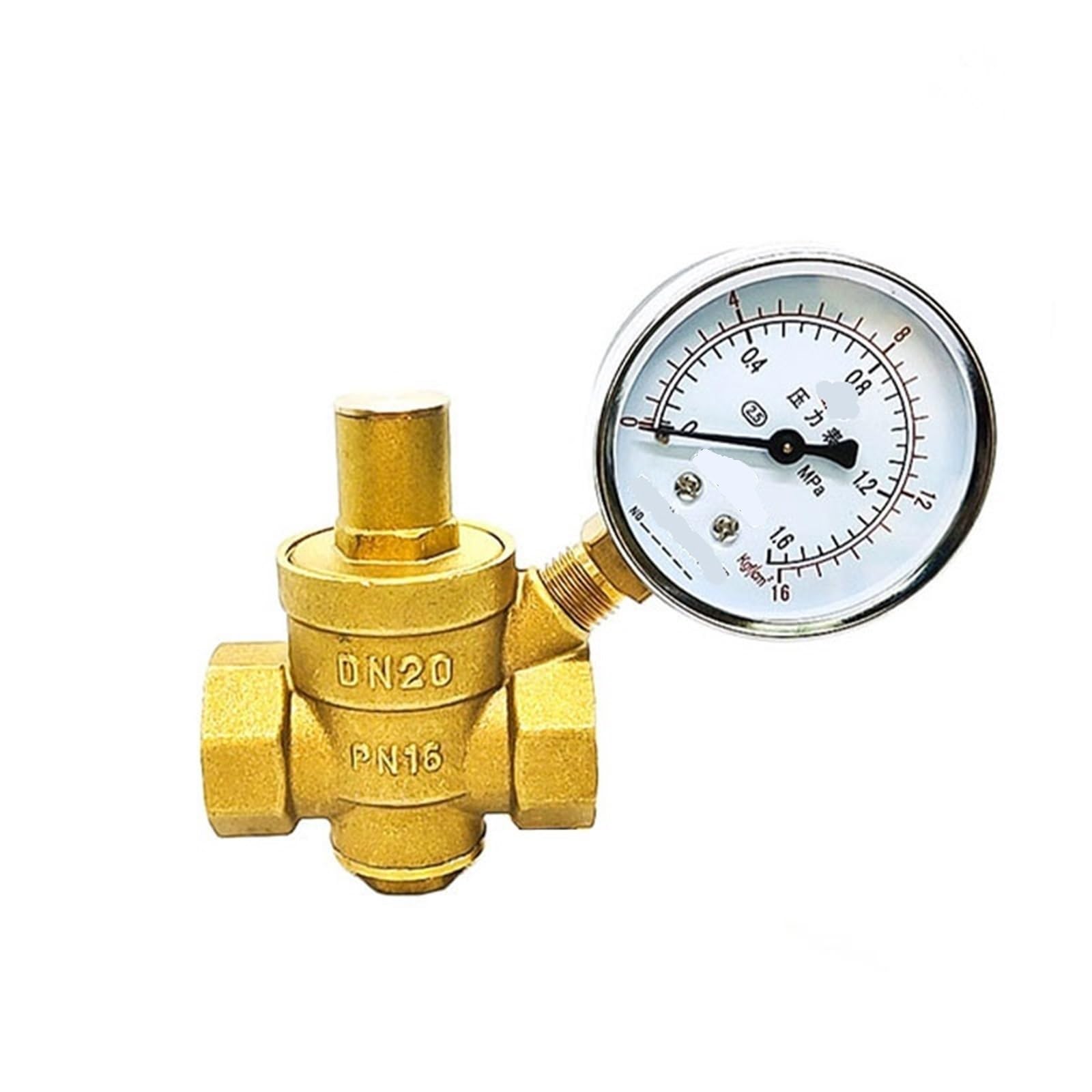Válvula Reductora de Presión con Manómetro Válvula reductora y retenedora de presión de agua de latón de 1/2", 3/4", 1" y 2", válvula de alivio ajustable y regulador DN20(1/2",Valve with Gauge)