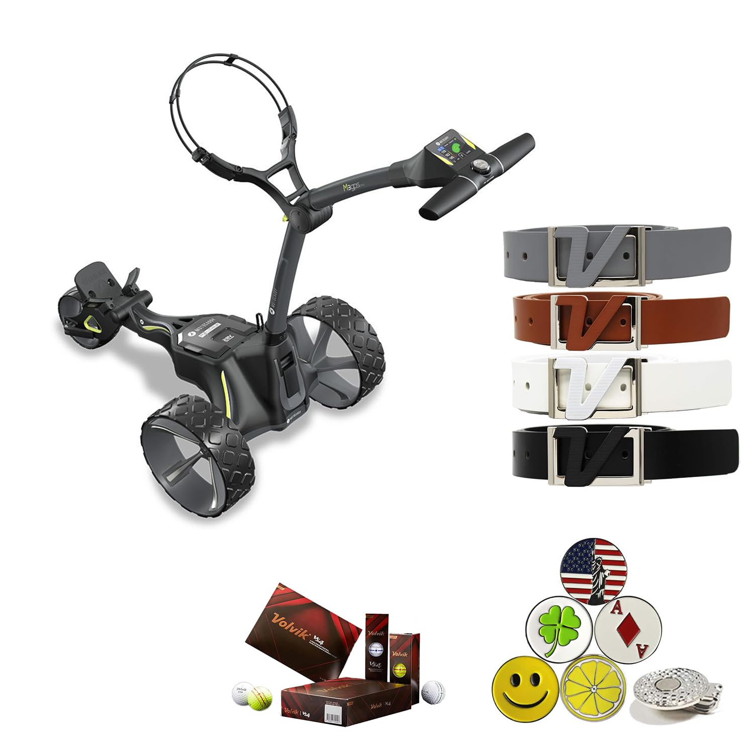 Motocaddy Caddy Cart Bundle with Holders for Umbrella/Scorecard/Drink, Device Cradle, Volvik VS4 Premium Balls, Volvik Leather Belts, and 5 Golf Markers 1 Magnetic Clip