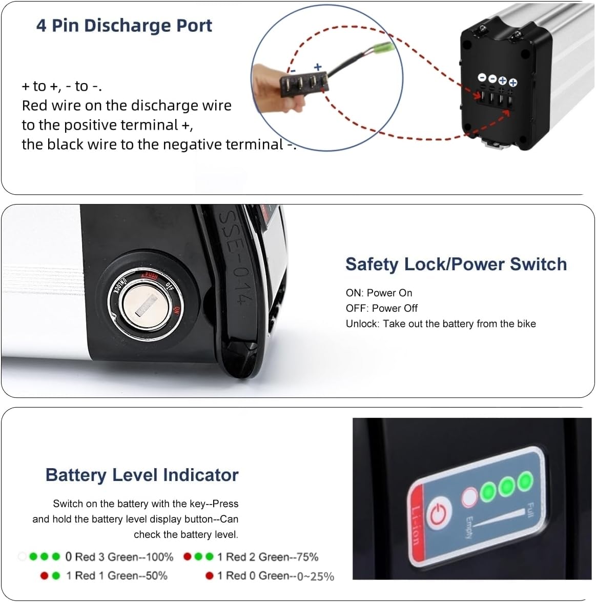Batería Ebike 36V 10AH-20AH, Batería Litio Bicicleta Electrica con Puerto Descarga de 4 Pin/2 Pin, Cargador 42V, Bloqueo Seguridad, BMS y Asa Portátil