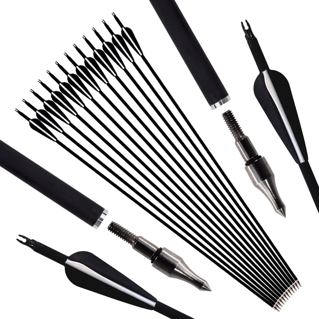 12Pcs Archery Hunting Arrows for Compound Bow Recurve Bow Carbon Arrows with Removable Tips Adjustable Nocks for Adults Hunting Targeting 30inch Black Vanes