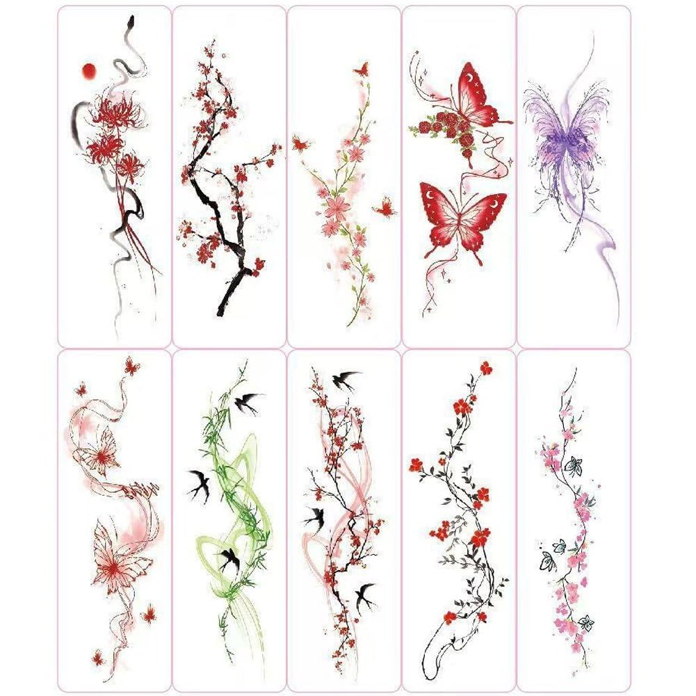 Sslvya 10 Sheets Beautiful Butterfly Flowers Temporary Tattoos for Women Feet Hands Body Art, Realistic Floral Fake Tattoo Sticker Decals for Body Art Makeup