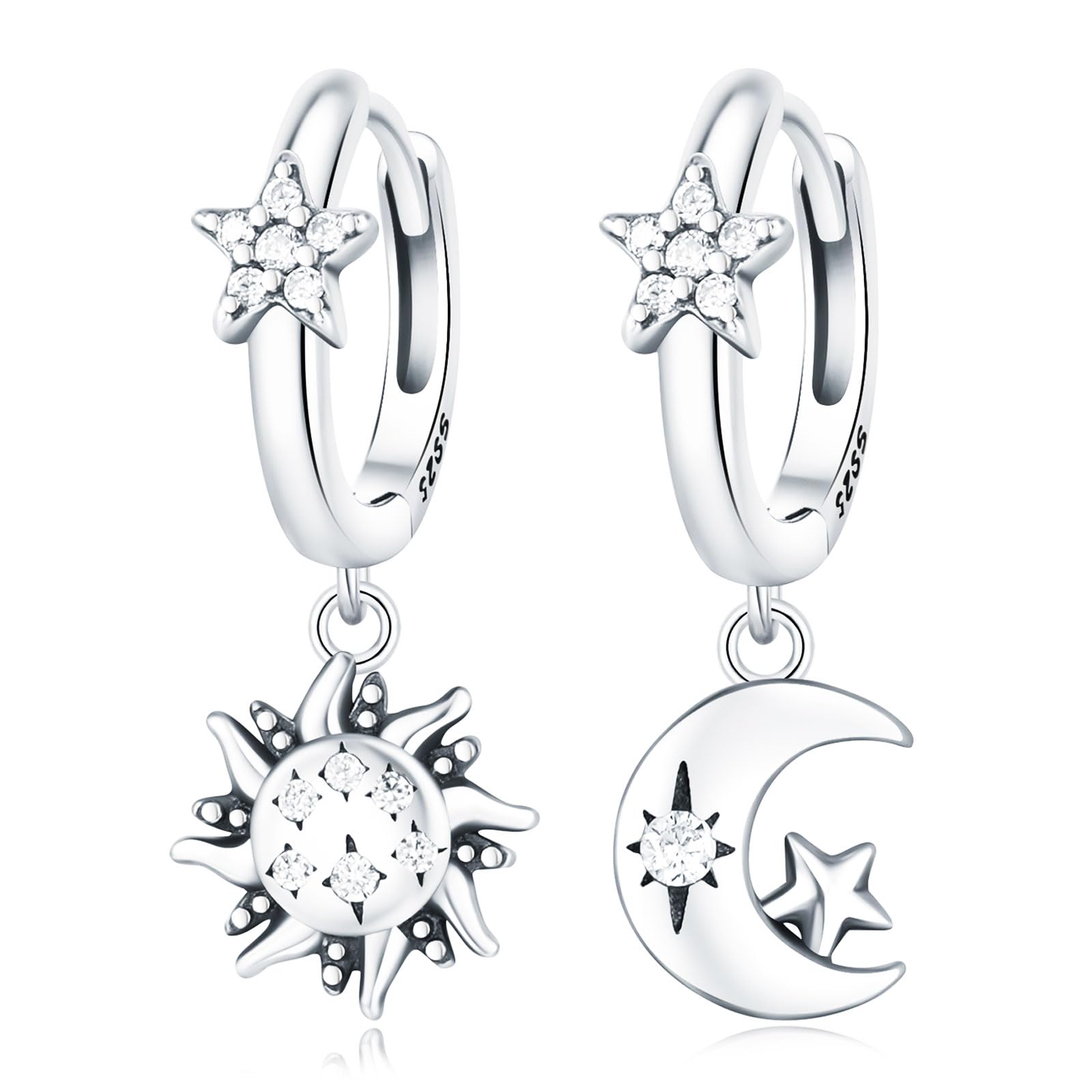 Earrings for Women Trendy, 925 Sterling Silver Earring Jewelry, Fashion Small Hoop Blue Star Moon Sun Drop Dangle Retro Graduation Birthday Gifts for