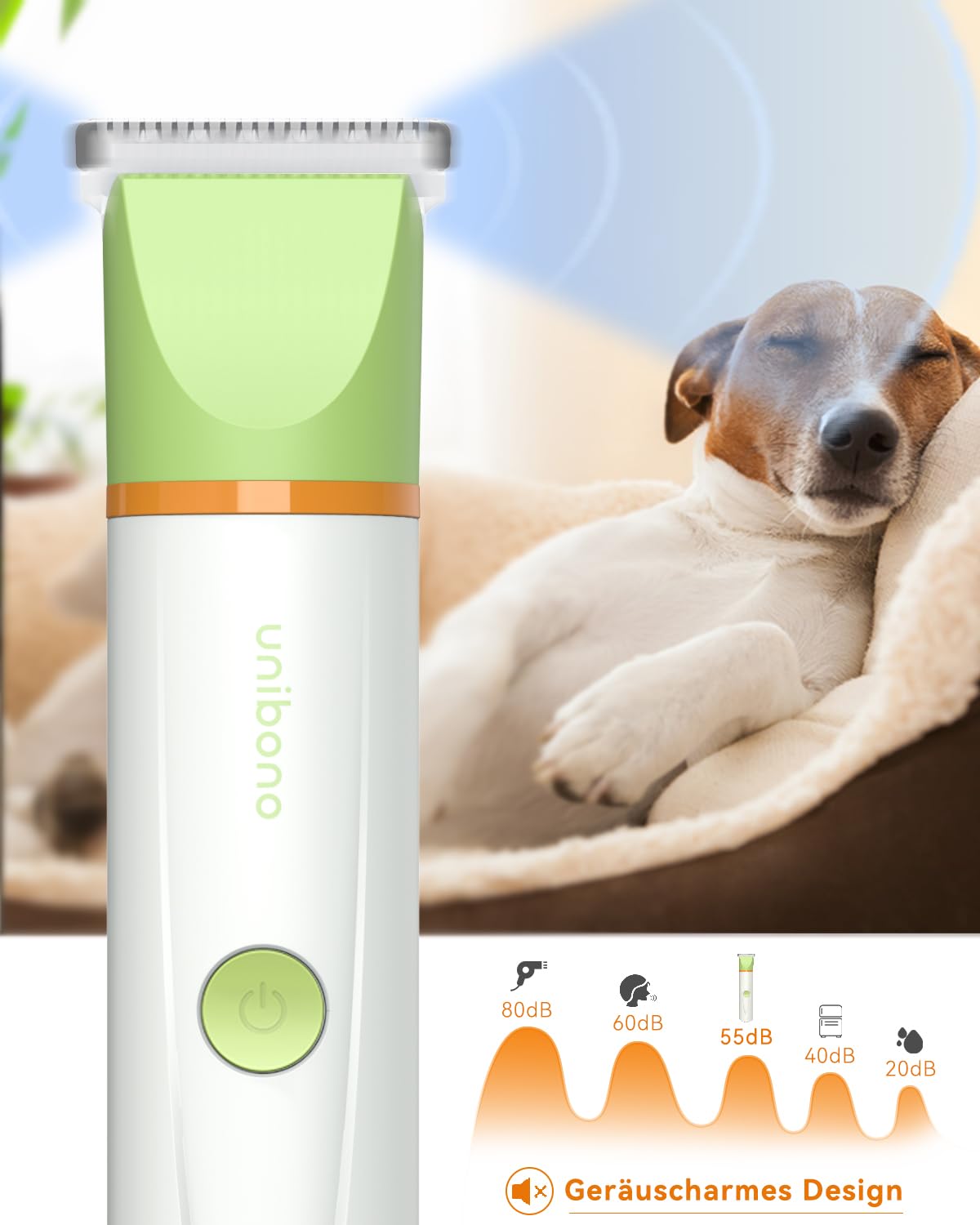 Unibono Leise Hundeschermaschine Katzenrasierer Komplett-Set, Wiederaufladbar Hund Katze Schermaschine wit 4 Multifunktions-Schneidköpfen für Pfoten, Augen, Ohren, Gesicht, Körper, IPX7 Wasserdicht