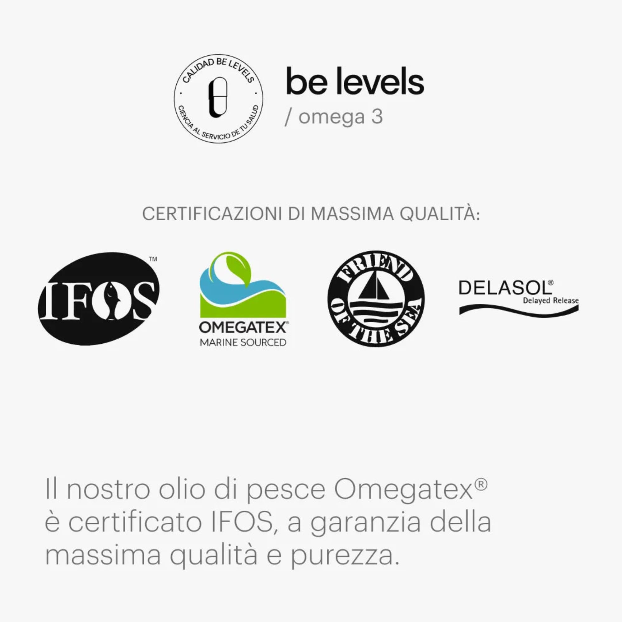 Omega 3 IFOS EPA DHA 3000mg Olio di Pesce be levels | 1050 mg EPA e 750 mg DHA. Friends of the Sea. Senza glutine. 3 capsule al giorno.